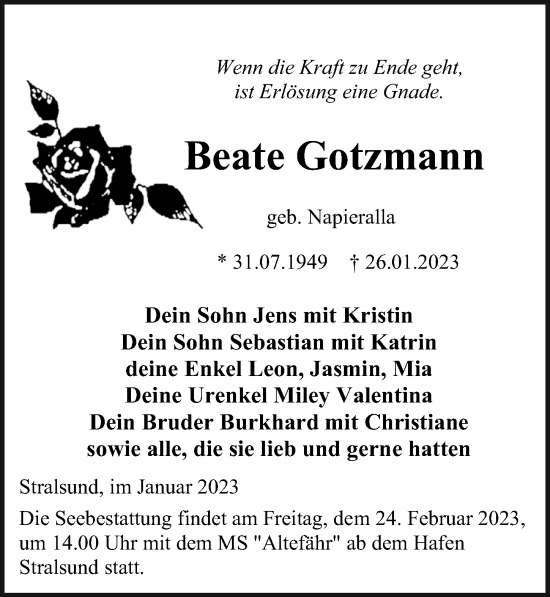 Traueranzeige von Beate Gotzmann von Ostsee-Zeitung GmbH