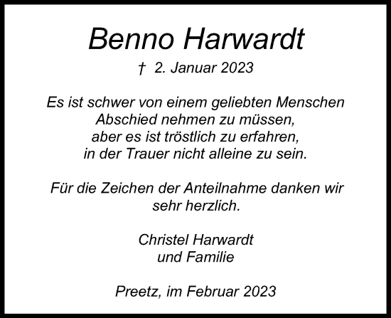 Traueranzeige von Benno Harwardt von Kieler Nachrichten