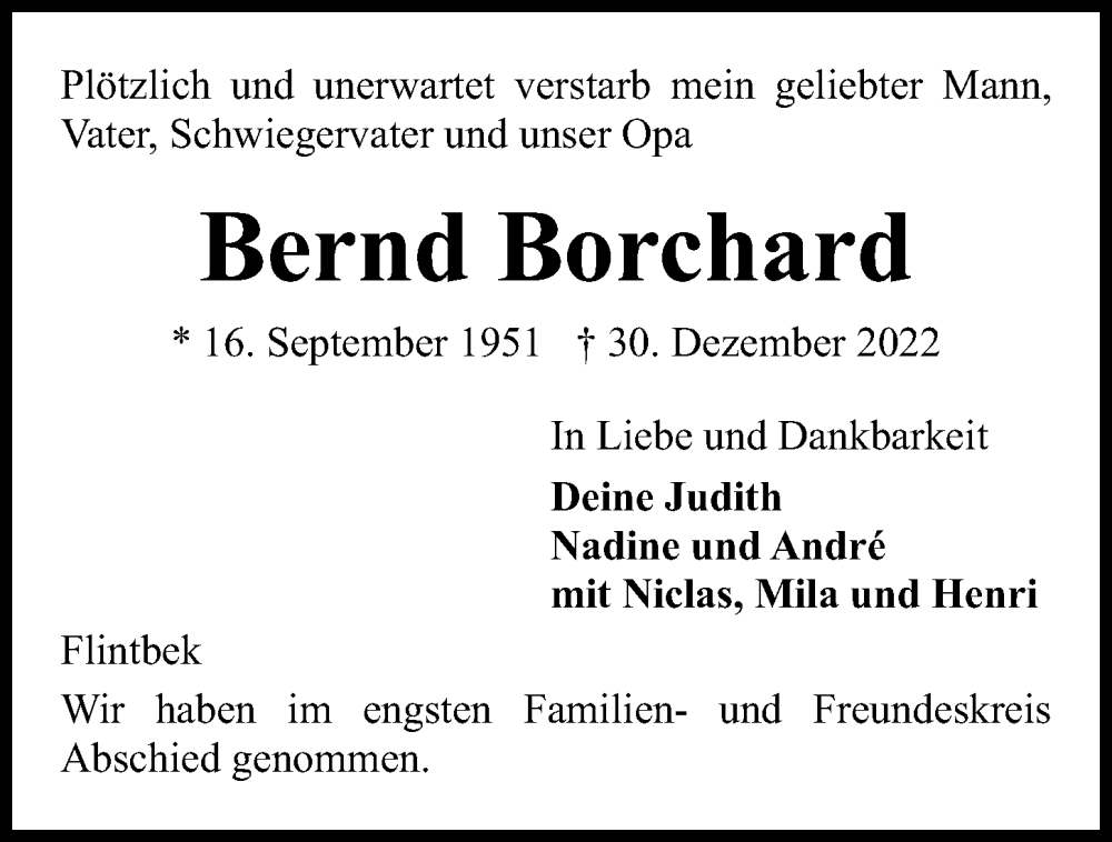 Traueranzeige für Bernd Borchard vom 11.02.2023 aus Kieler Nachrichten