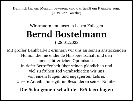 Traueranzeige von Bernd Bostelmann von Hannoversche Allgemeine Zeitung/Neue Presse