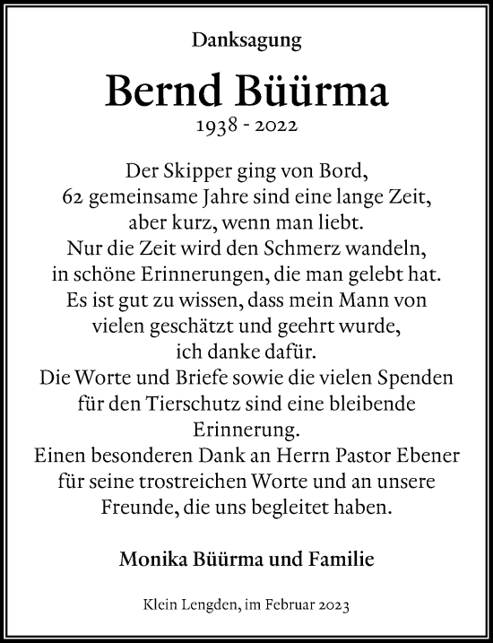 Traueranzeige von Bernd Büürma von Göttinger Tageblatt