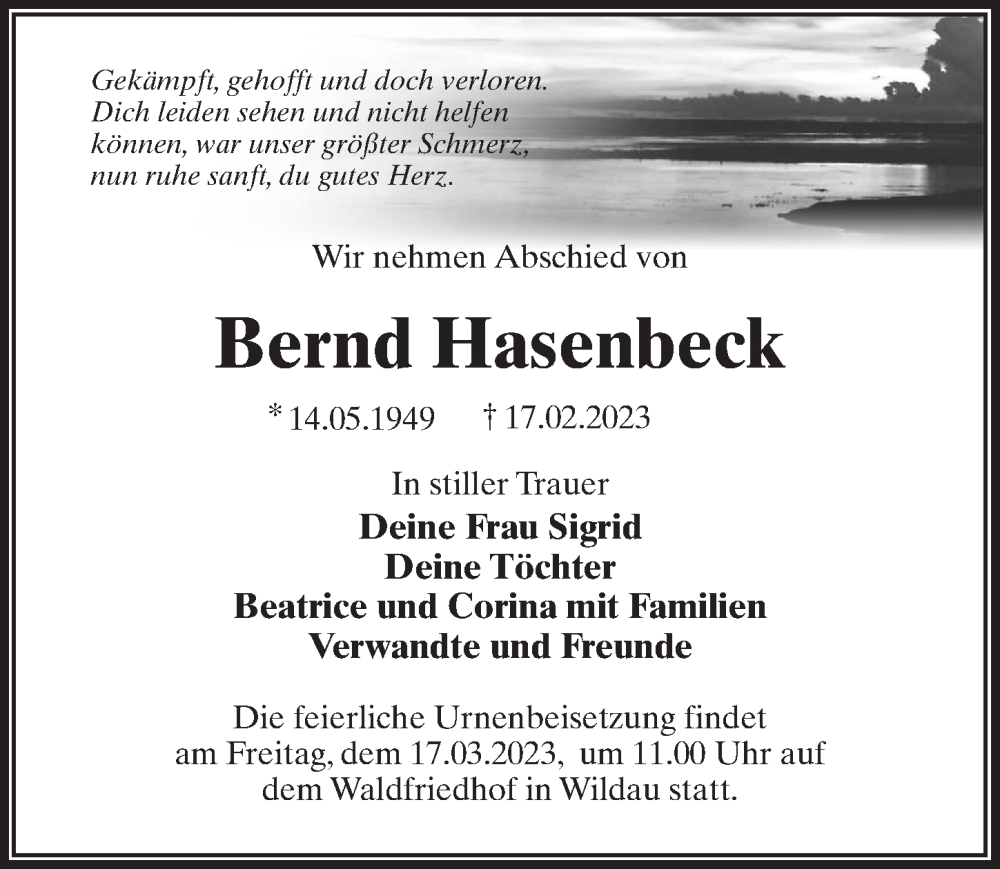 Traueranzeige für Bernd Hasenbeck vom 25.02.2023 aus Märkischen Allgemeine Zeitung