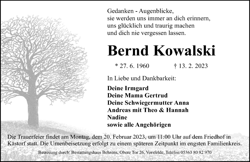  Traueranzeige für Bernd Kowalski vom 15.02.2023 aus Aller Zeitung