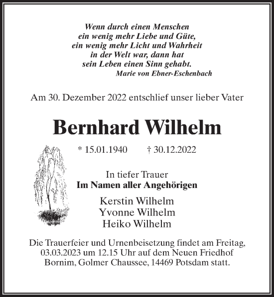 Traueranzeige von Bernhard Wilhelm von Märkischen Allgemeine Zeitung