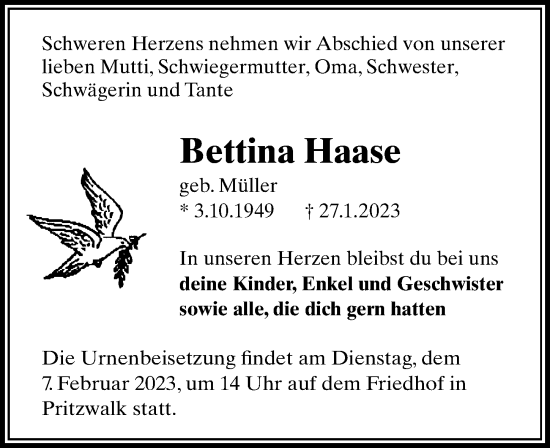 Traueranzeige von Bettina Haase von Märkischen Allgemeine Zeitung
