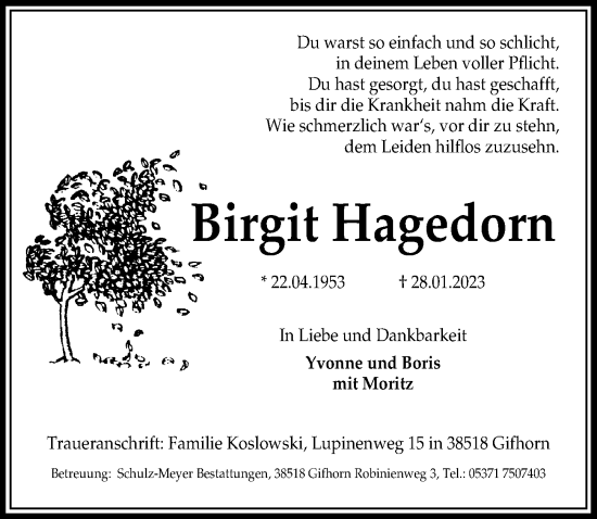 Traueranzeige von Birgit Hagedorn von Aller Zeitung