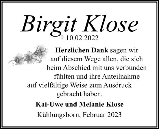 Traueranzeige von Birgit Klose von Ostsee-Zeitung GmbH