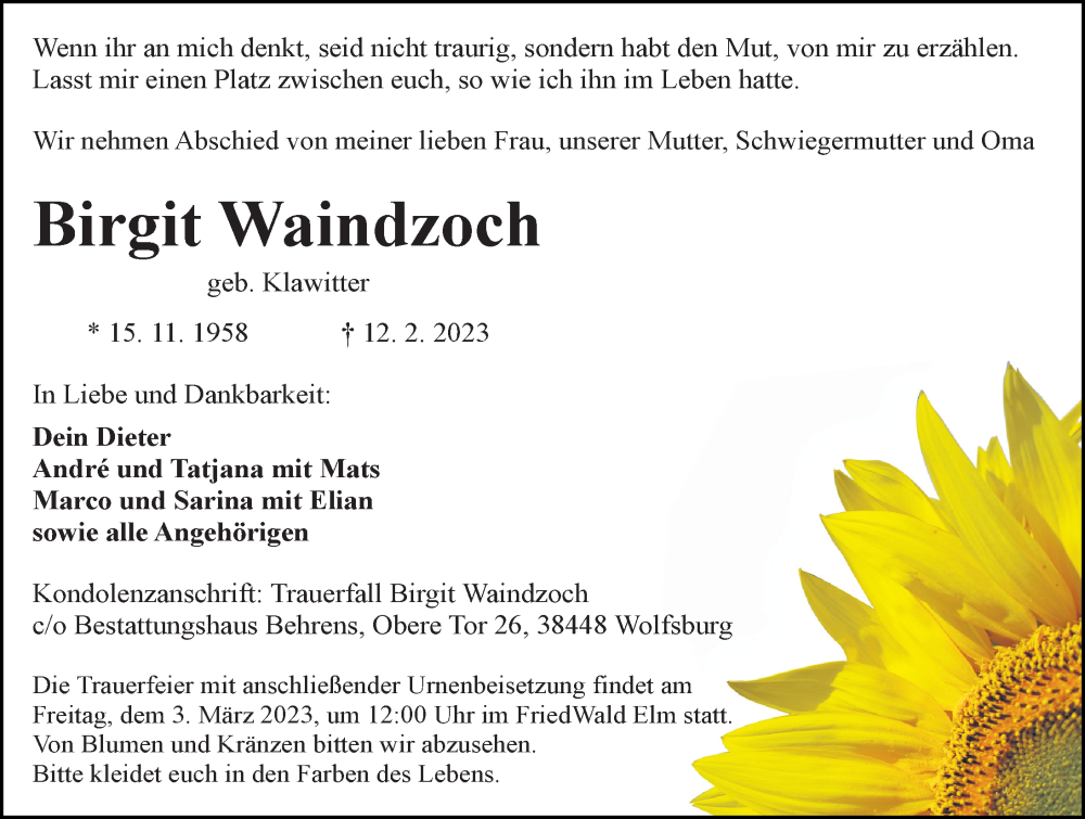  Traueranzeige für Birgit Waindzoch vom 18.02.2023 aus Aller Zeitung