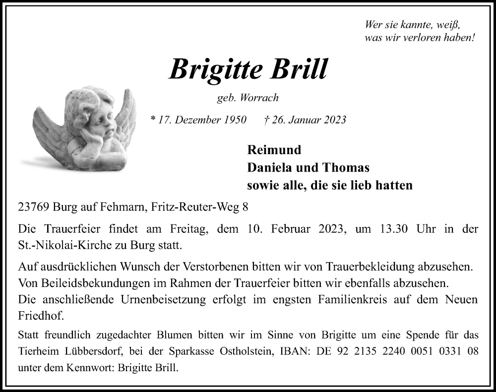  Traueranzeige für Brigitte Brill vom 04.02.2023 aus Lübecker Nachrichten