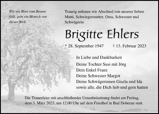Traueranzeige von Brigitte Ehlers von Ostsee-Zeitung GmbH