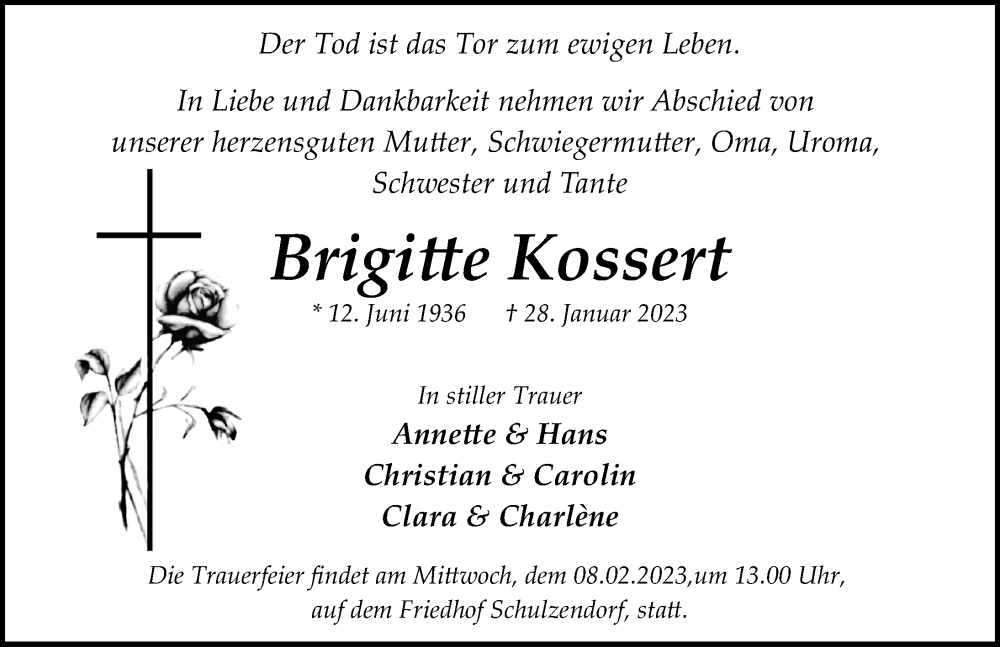  Traueranzeige für Brigitte Kossert vom 04.02.2023 aus Märkischen Allgemeine Zeitung