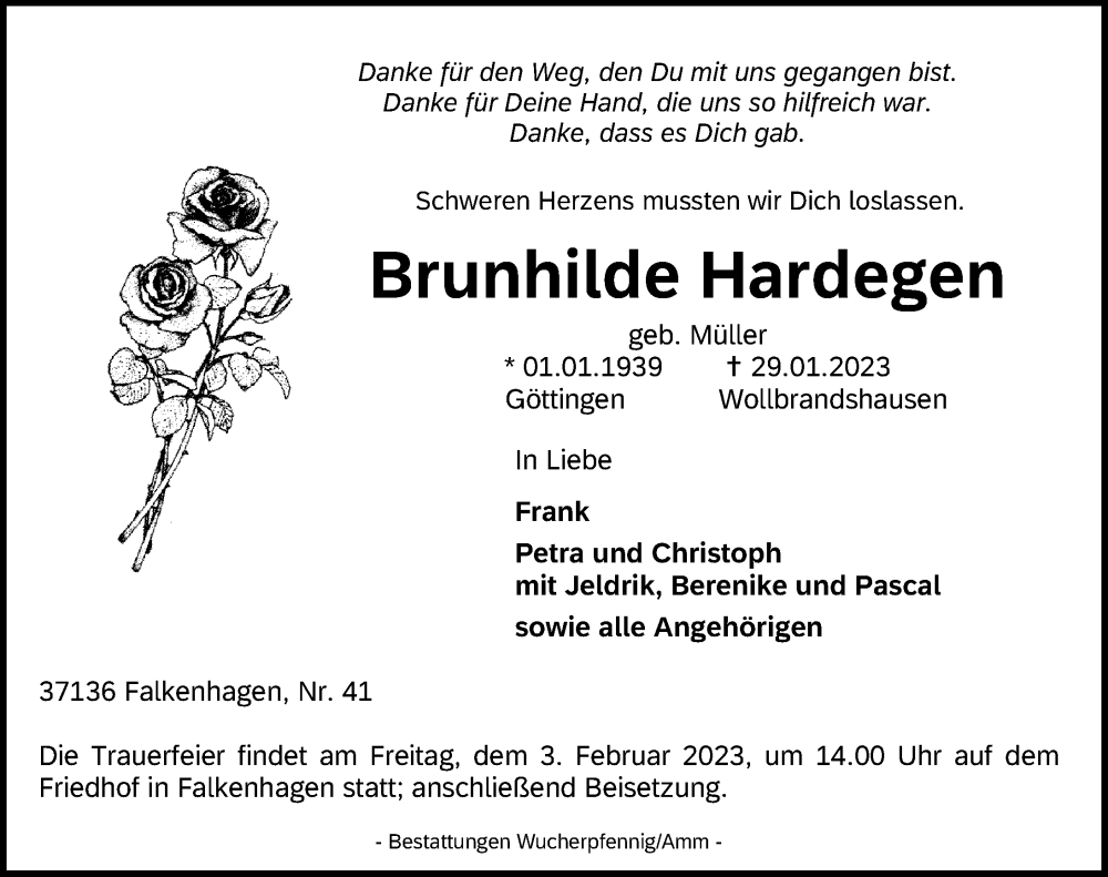  Traueranzeige für Brunhilde Hardegen vom 01.02.2023 aus Göttinger Tageblatt