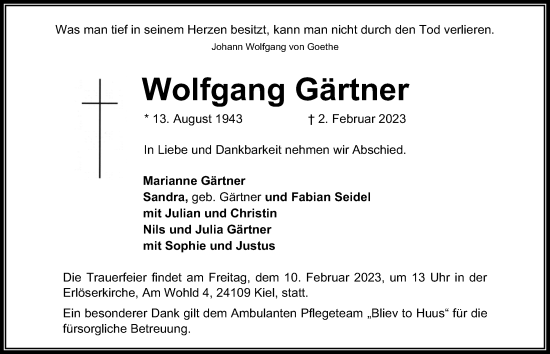 Traueranzeige von Wolfgang Gärtner von Kieler Nachrichten