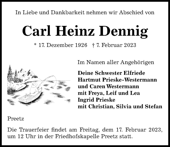 Traueranzeige von Carl Heinz Dennig von Kieler Nachrichten