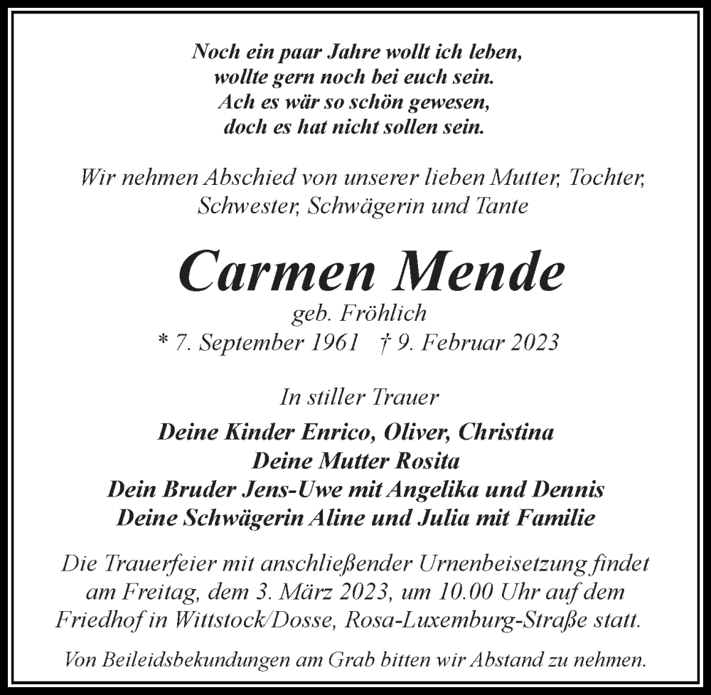  Traueranzeige für Carmen Mende vom 18.02.2023 aus Märkischen Allgemeine Zeitung