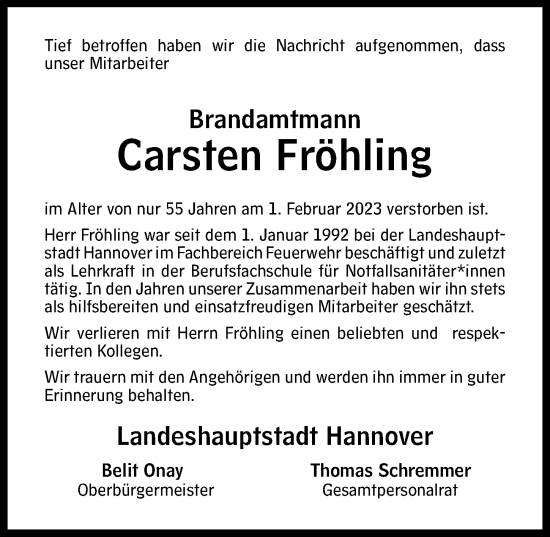 Traueranzeige von Carsten Fröhling von Hannoversche Allgemeine Zeitung/Neue Presse