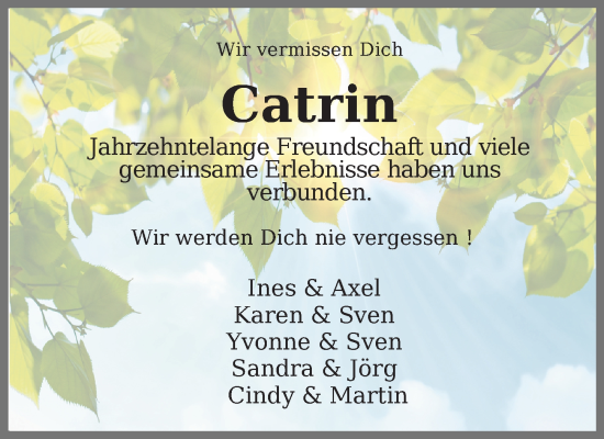 Traueranzeige von Catrin  von Ostsee-Zeitung GmbH