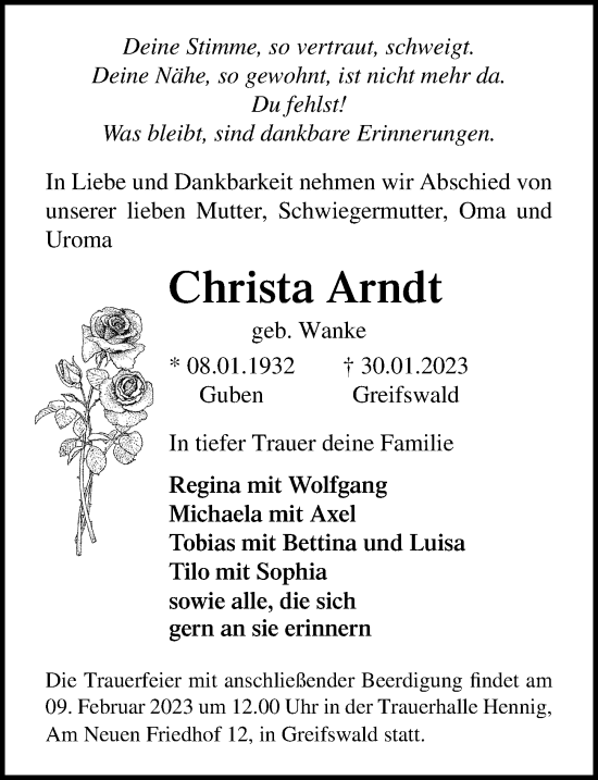 Traueranzeige von Christa Arndt von Ostsee-Zeitung GmbH