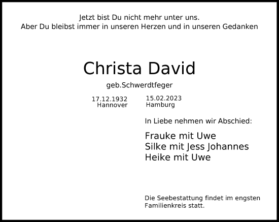 Traueranzeige von Christa David von Kieler Nachrichten