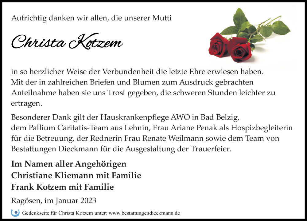  Traueranzeige für Christa Kotzem vom 04.02.2023 aus Märkischen Allgemeine Zeitung
