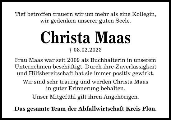 Traueranzeige von Christa Maas von Kieler Nachrichten