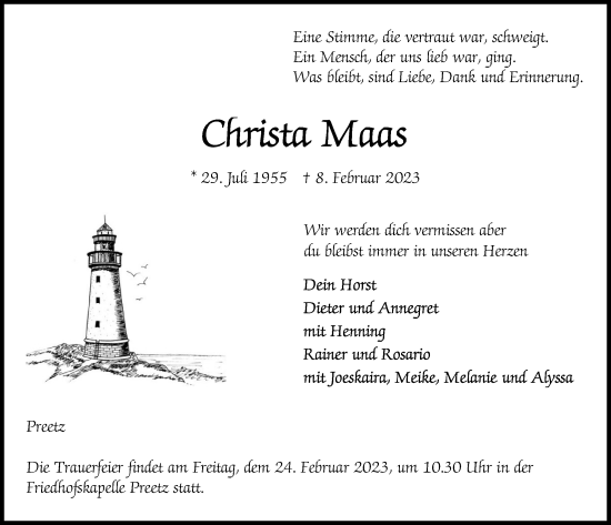 Traueranzeige von Christa Maas von Kieler Nachrichten