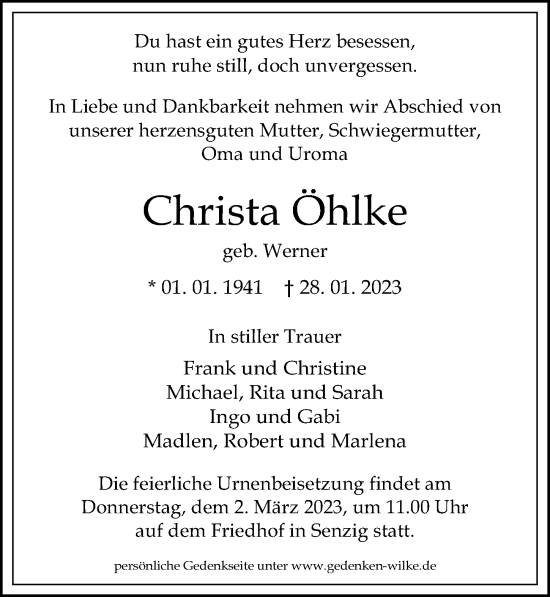 Traueranzeige von Christa Öhlke von Märkischen Allgemeine Zeitung