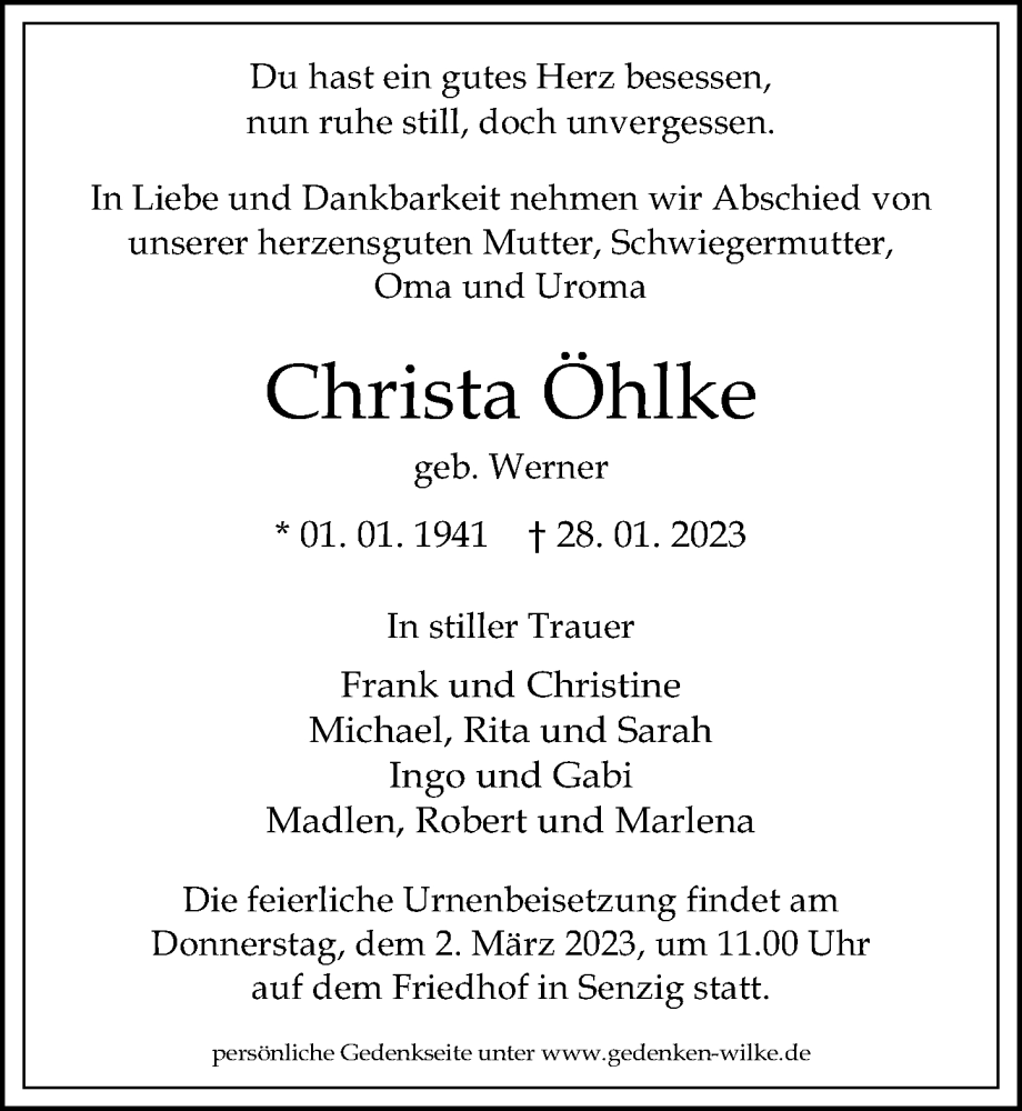  Traueranzeige für Christa Öhlke vom 11.02.2023 aus Märkischen Allgemeine Zeitung