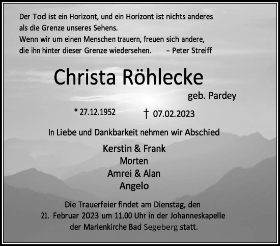 Traueranzeige von Christa Röhlecke von Kieler Nachrichten