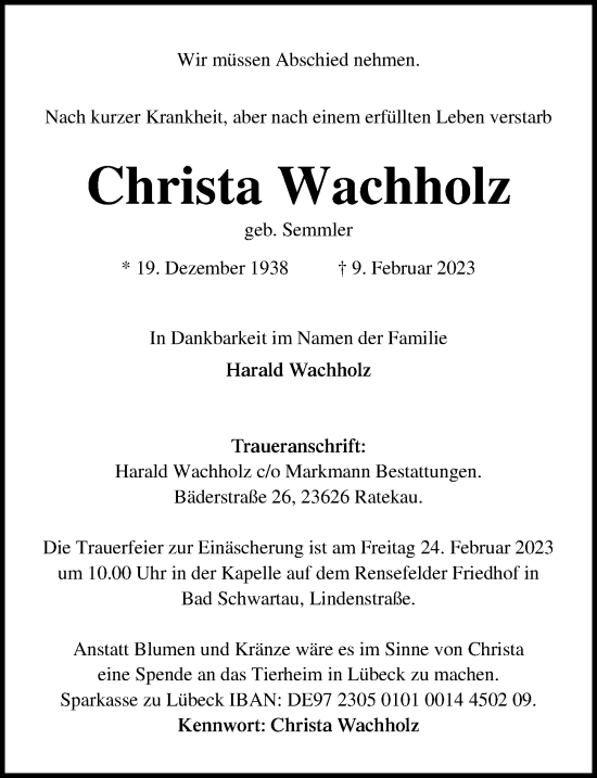 Traueranzeige von Christa Wachholz von Lübecker Nachrichten
