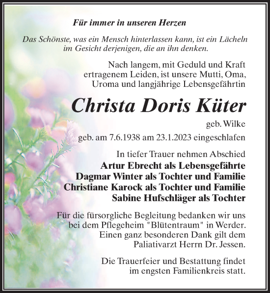 Traueranzeige von Christa Doris Küter von Märkischen Allgemeine Zeitung