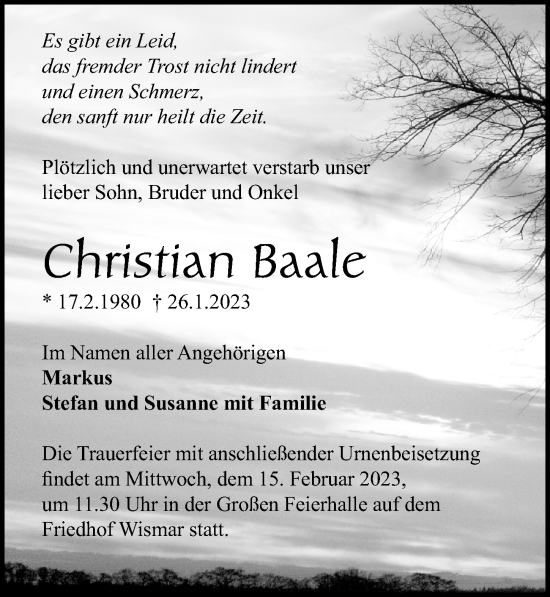Traueranzeige von Christian Baale von Ostsee-Zeitung GmbH