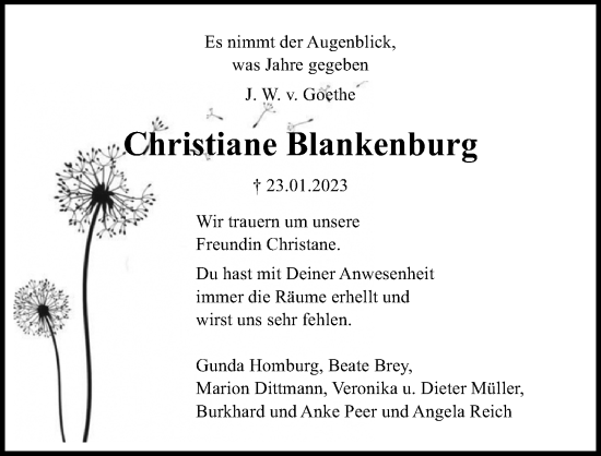 Traueranzeige von Christiane Blankenburg von Lübecker Nachrichten