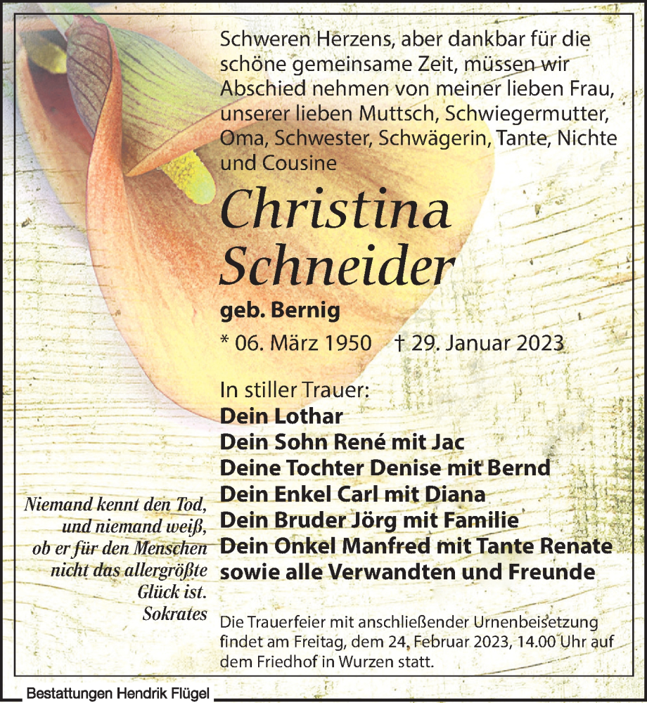  Traueranzeige für Christina Schneider vom 04.02.2023 aus Leipziger Volkszeitung