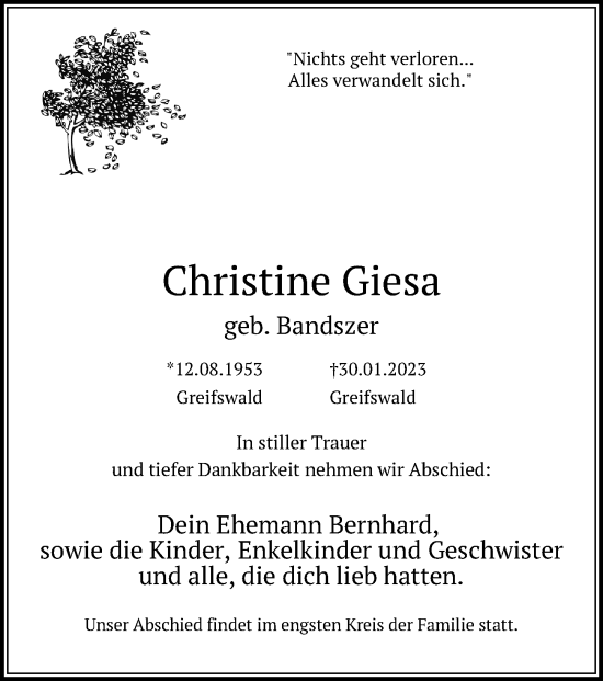 Traueranzeige von Christine Giesa von Ostsee-Zeitung GmbH