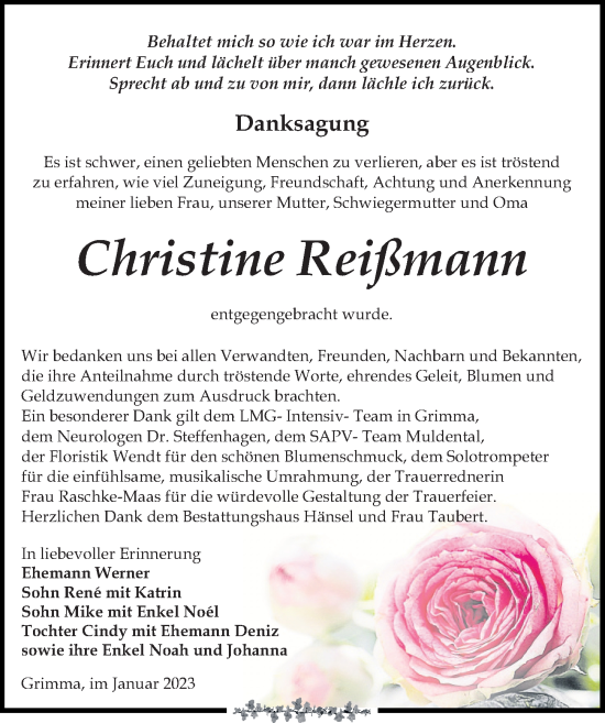 Traueranzeige von Christine Reißmann von Leipziger Volkszeitung