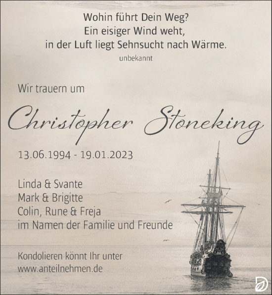 Traueranzeige von Christopher Stoneking von Leipziger Volkszeitung