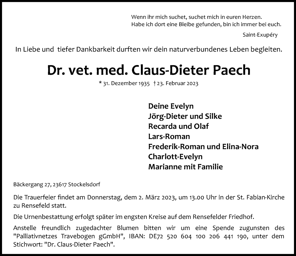  Traueranzeige für Claus-Dieter Paech vom 26.02.2023 aus Lübecker Nachrichten