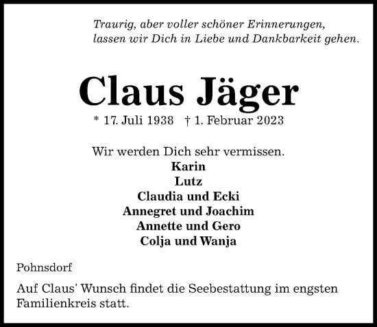 Traueranzeige von Claus Jäger von Kieler Nachrichten
