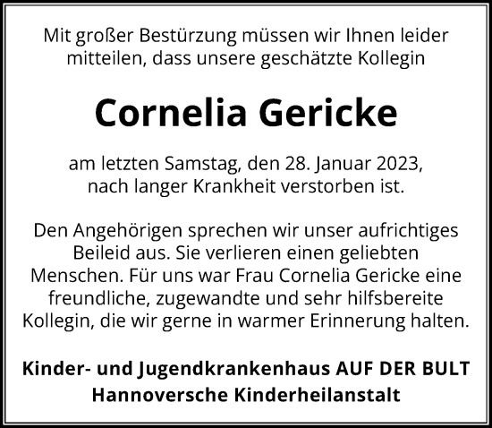 Traueranzeige von Cornelia Gericke von Hannoversche Allgemeine Zeitung/Neue Presse