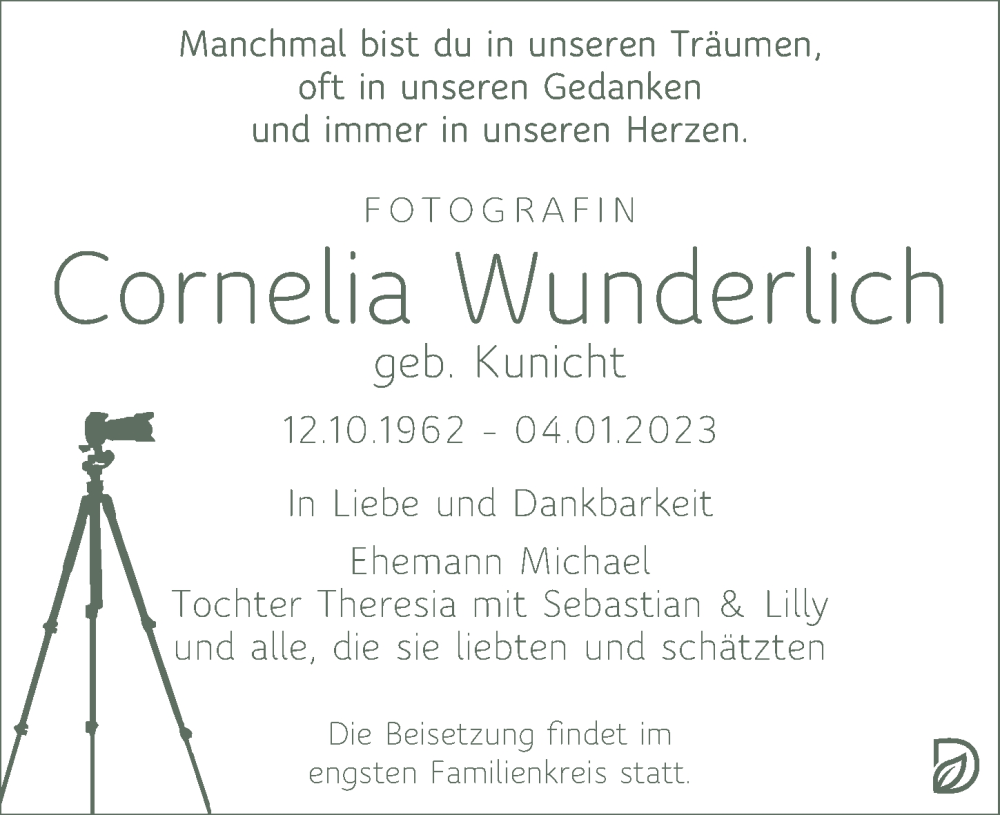  Traueranzeige für Cornelia Wunderlich vom 04.02.2023 aus Leipziger Volkszeitung