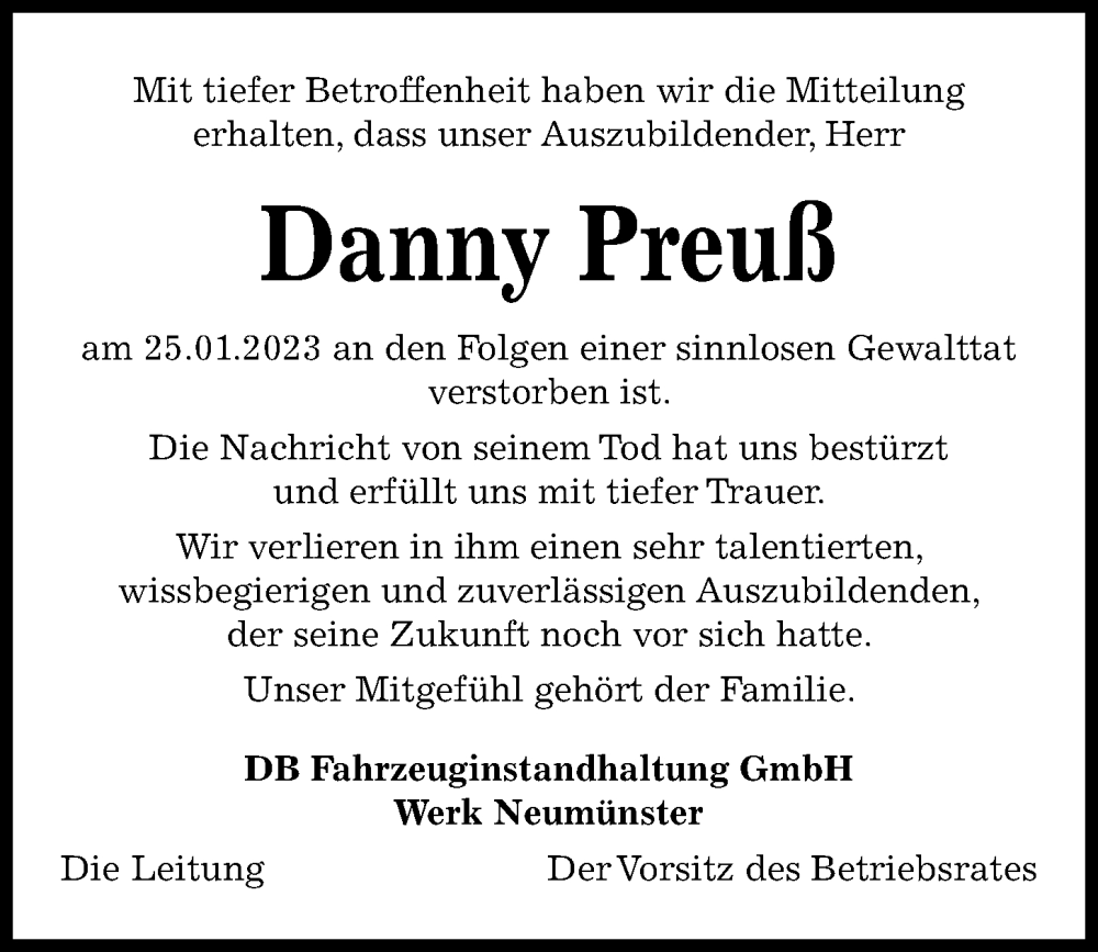  Traueranzeige für Danny Preuß vom 11.02.2023 aus Kieler Nachrichten