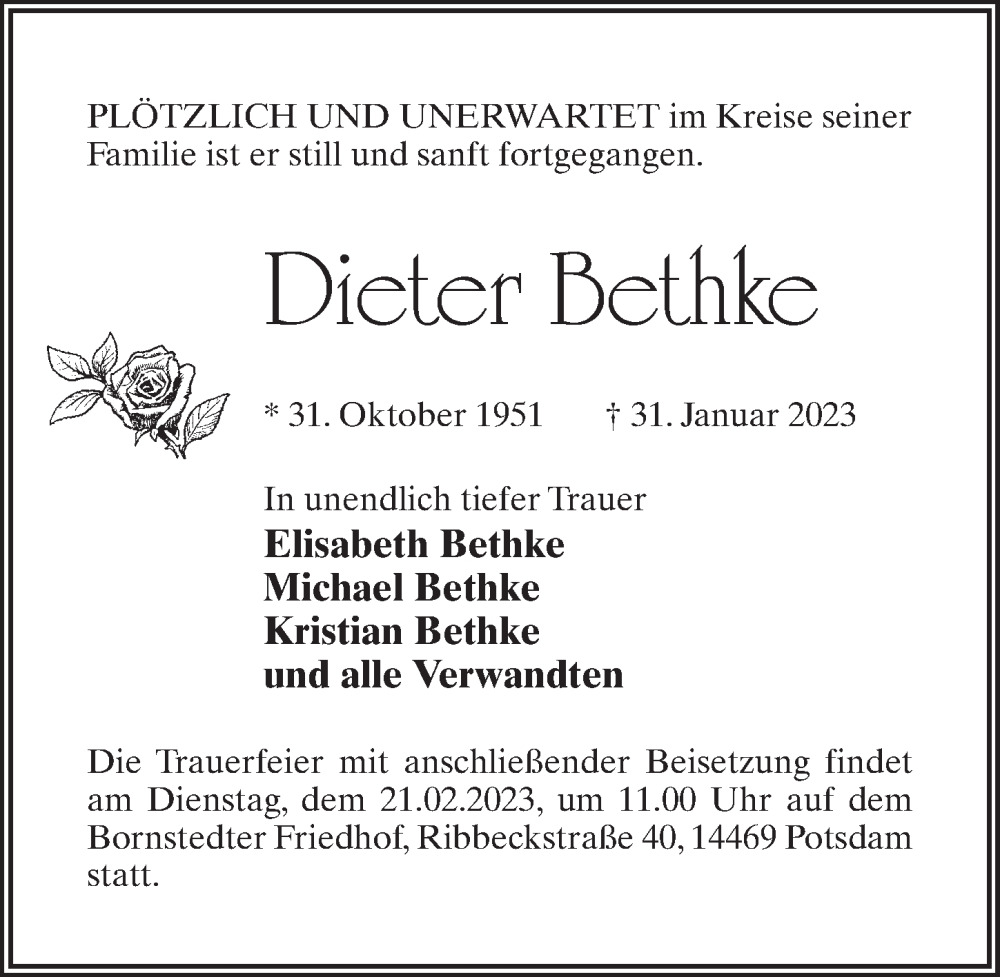  Traueranzeige für Dieter Bethke vom 15.02.2023 aus Märkischen Allgemeine Zeitung