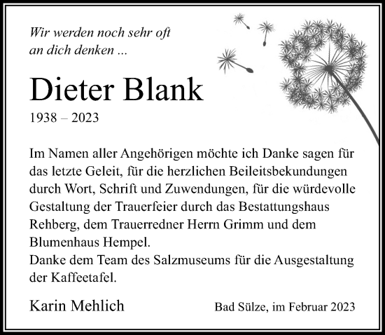 Traueranzeige von Dieter Blank von Ostsee-Zeitung GmbH