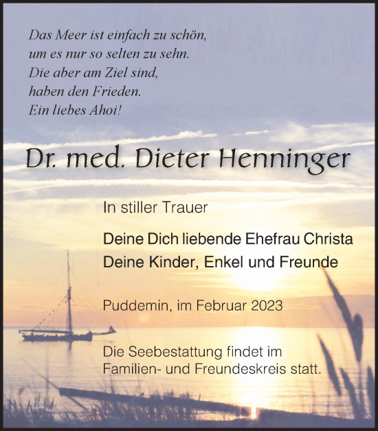 Traueranzeige von Dieter Henninger von Ostsee-Zeitung GmbH