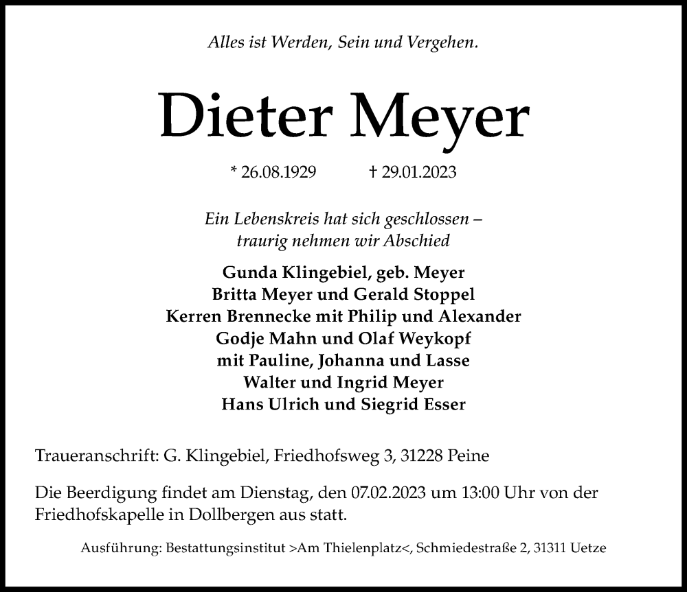  Traueranzeige für Dieter Meyer vom 04.02.2023 aus Hannoversche Allgemeine Zeitung/Neue Presse