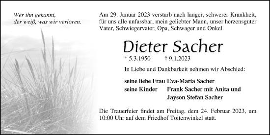 Traueranzeige von Dieter Sacher von Ostsee-Zeitung GmbH