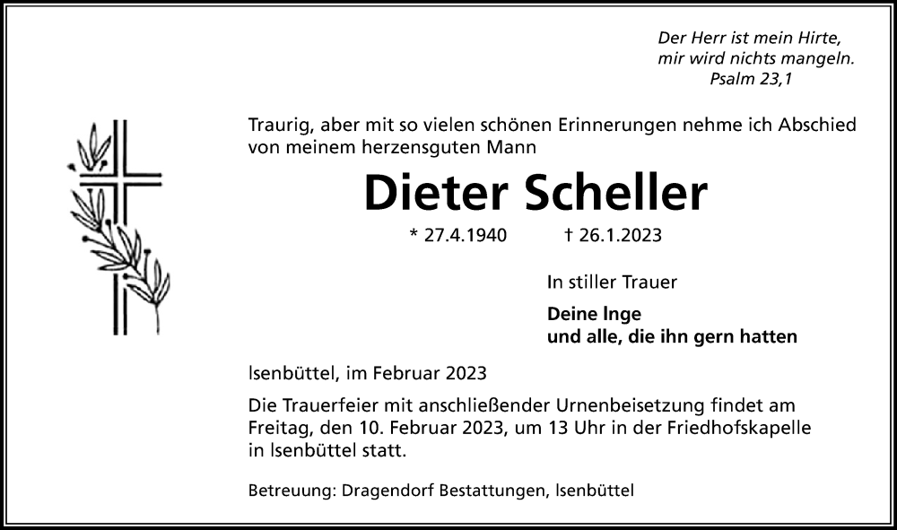  Traueranzeige für Dieter Scheller vom 03.02.2023 aus Aller Zeitung