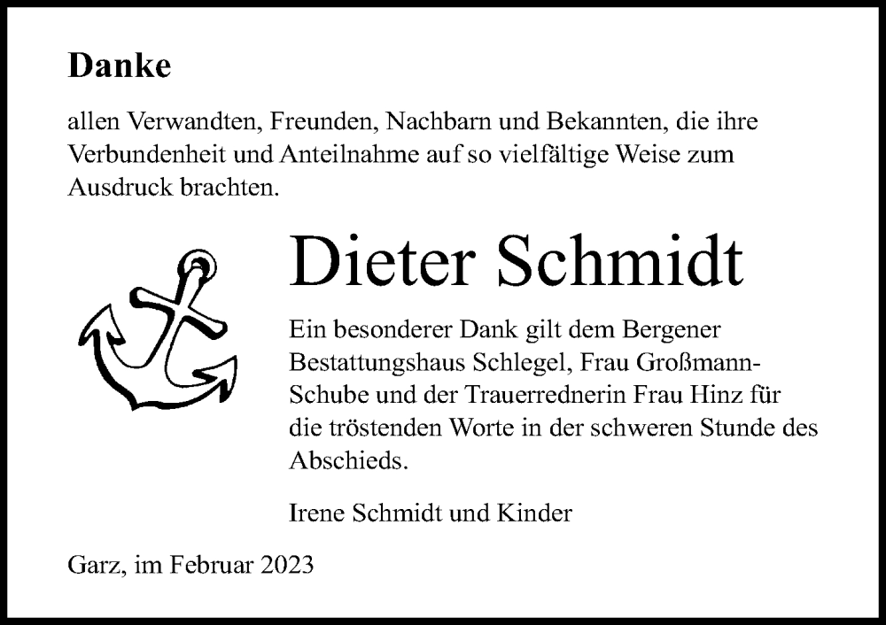  Traueranzeige für Dieter Schmidt vom 18.02.2023 aus Ostsee-Zeitung GmbH