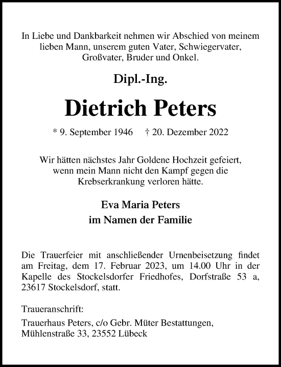 Traueranzeige von Dietrich Peters von Lübecker Nachrichten